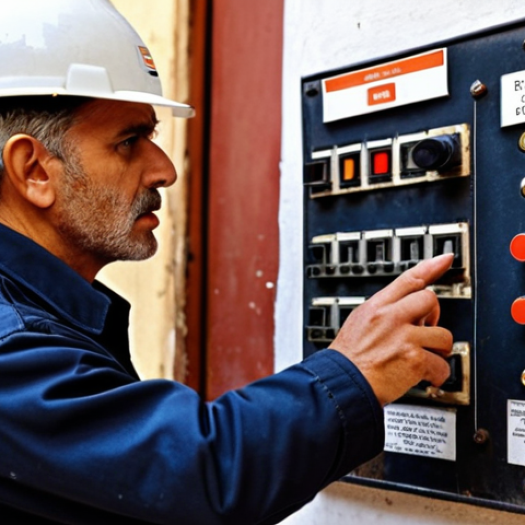 **

An old building inspection in Seville, Spain. Focus on the inspector noticing a subtle burnt smell near an electrical panel, highlighting the importance of detailed observation beyond a checklist. Include elements like old architecture, electrical panel details, and the inspector's focused expression. The overall feel should be serious and slightly tense.

**