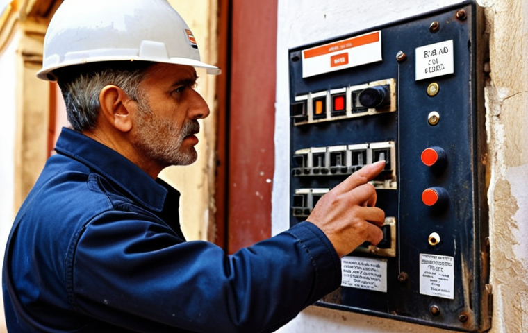 **
An old building inspection in Seville, Spain. Focus on the inspector noticing a subtle burnt smell near an electrical panel, highlighting the importance of detailed observation beyond a checklist. Include elements like old architecture, electrical panel details, and the inspector's focused expression. The overall feel should be serious and slightly tense.
**