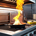 **

A brightly lit industrial kitchen scene. Focus on a deep fryer with overflowing grease and a dirty ventilation hood covered in flammable residue. Emphasize the potential fire hazard.  Sharp focus, realistic rendering. Consider adding a small fire starting to flare up to dramatically highlight the risk.

**