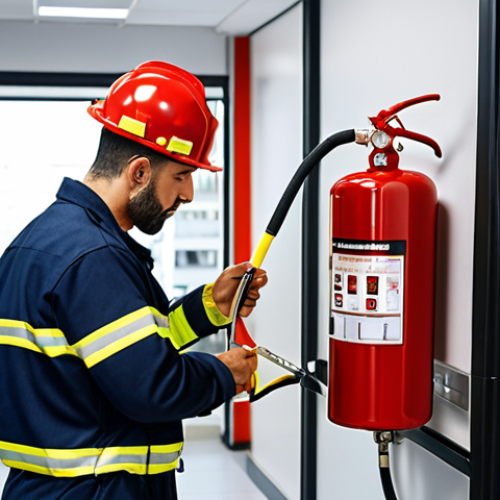Home 25 ** A fire safety technician in Spain inspecting a fire suppression system in a modern office building. Focus on professional attire and the use of inspection tools.
**