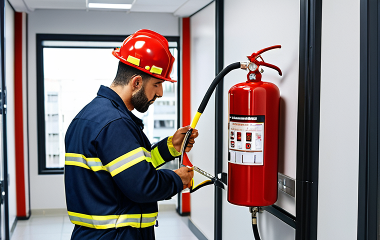 ** A fire safety technician in Spain inspecting a fire suppression system in a modern office building. Focus on professional attire and the use of inspection tools.
**
