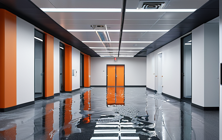 **
A modern office building interior with smart sprinkler systems activated, extinguishing a small, contained fire. Focus on the technology and minimal water damage, showcasing precision and efficiency.
**
