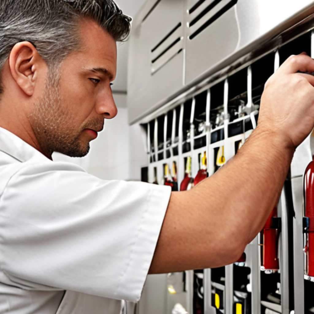 **

A close-up shot of a technician expertly adjusting a fire suppression system in a modern, industrial kitchen setting. Focus on the intricate details of the system and the technician's focused expression. Emphasize the clean lines and stainless steel of the restaurant environment. The lighting should be bright and professional. Keywords: "Fire Suppression System," "Industrial Kitchen," "Technician," "Expert," "Safety Inspection."

**