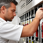 **

A close-up shot of a technician expertly adjusting a fire suppression system in a modern, industrial kitchen setting. Focus on the intricate details of the system and the technician's focused expression. Emphasize the clean lines and stainless steel of the restaurant environment. The lighting should be bright and professional. Keywords: "Fire Suppression System," "Industrial Kitchen," "Technician," "Expert," "Safety Inspection."

**