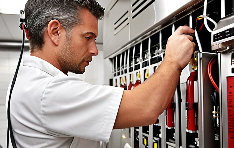 **
A close-up shot of a technician expertly adjusting a fire suppression system in a modern, industrial kitchen setting. Focus on the intricate details of the system and the technician's focused expression. Emphasize the clean lines and stainless steel of the restaurant environment. The lighting should be bright and professional. Keywords: "Fire Suppression System," "Industrial Kitchen," "Technician," "Expert," "Safety Inspection."
**