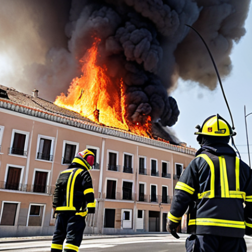 Home 22 **A diverse team of Spanish firefighters working together to rescue people from a burning building in Madrid. Drones are overhead, providing aerial support. Focus on the teamwork, advanced technology, and danger of the situation. Style: Realistic, high-resolution.**