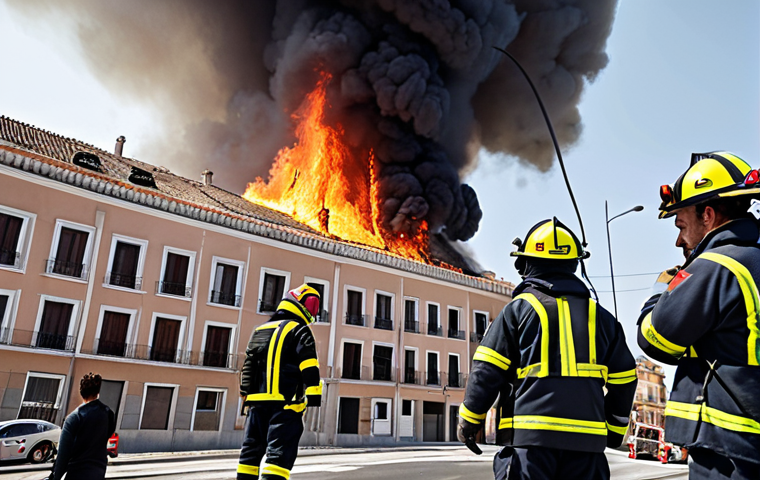 **A diverse team of Spanish firefighters working together to rescue people from a burning building in Madrid. Drones are overhead, providing aerial support. Focus on the teamwork, advanced technology, and danger of the situation. Style: Realistic, high-resolution.**