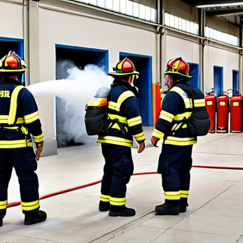 Home 9 **
A diverse group of "bomberos" (firefighters) leading a realistic fire drill in a modern "fábrica textil" (textile factory) in Barcelona. Some employees are practicing using "extintores" (fire extinguishers), while others are assisting colleagues. Smoke (controlled and simulated) adds to the realism. The scene is dynamic and shows effective communication between the fire brigade and factory staff. Include safety signs in Spanish.
**