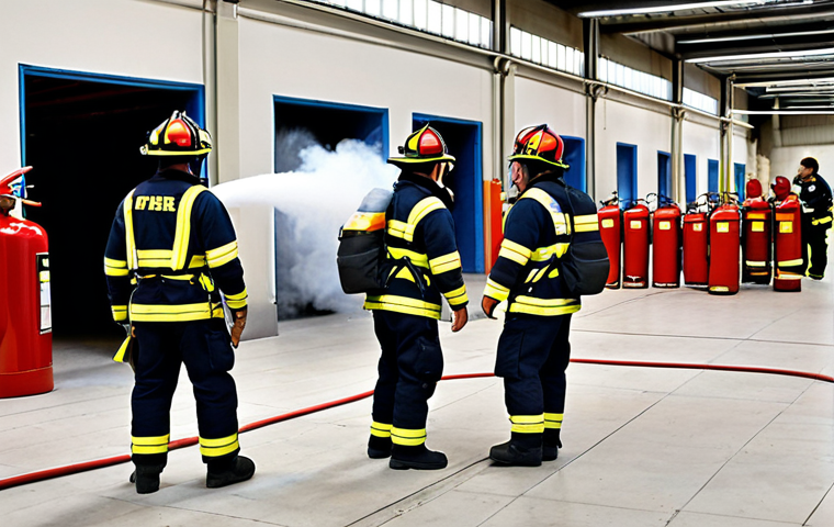 **
A diverse group of "bomberos" (firefighters) leading a realistic fire drill in a modern "fábrica textil" (textile factory) in Barcelona. Some employees are practicing using "extintores" (fire extinguishers), while others are assisting colleagues. Smoke (controlled and simulated) adds to the realism. The scene is dynamic and shows effective communication between the fire brigade and factory staff. Include safety signs in Spanish.
**