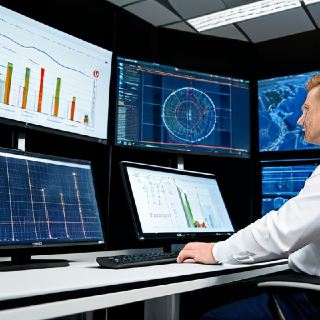 A professional fire safety engineer in a modest business suit, seated at a modern ergonomic workstation in a high-tech data center control room. Large screens display intricate data visualizations of IoT sensor networks and AI analysis for fire prevention. The scene emphasizes advanced technology and critical infrastructure. Professional photography, high-resolution, sharp focus, natural lighting, perfect anatomy, correct proportions, natural pose, well-formed hands, proper finger count, natural body proportions. safe for work, appropriate content, fully clothed, professional, modest clothing, family-friendly.