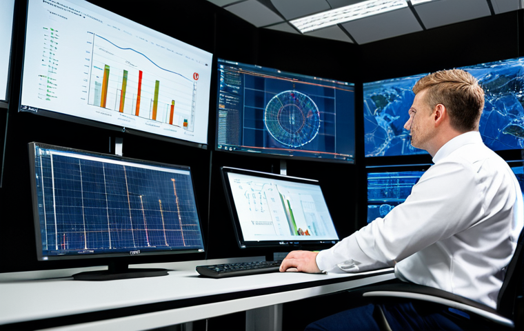 A professional fire safety engineer in a modest business suit, seated at a modern ergonomic workstation in a high-tech data center control room. Large screens display intricate data visualizations of IoT sensor networks and AI analysis for fire prevention. The scene emphasizes advanced technology and critical infrastructure. Professional photography, high-resolution, sharp focus, natural lighting, perfect anatomy, correct proportions, natural pose, well-formed hands, proper finger count, natural body proportions. safe for work, appropriate content, fully clothed, professional, modest clothing, family-friendly.
