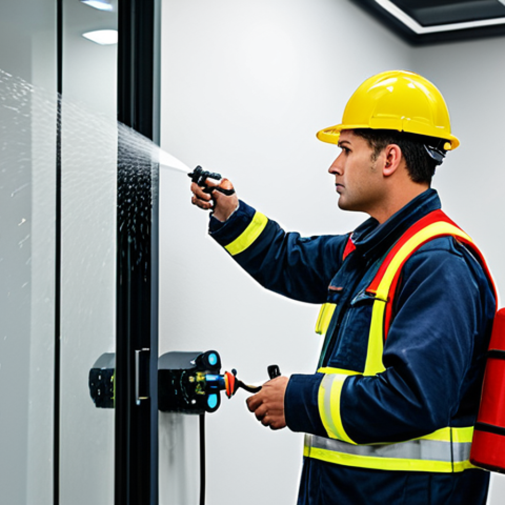**

"A professional fire safety engineer, fully clothed in appropriate safety gear, inspecting a sprinkler system in a modern office building. Bright lighting, clean environment, perfect anatomy, correct proportions, safe for work, appropriate content, professional, well-formed hands, proper finger count, natural body proportions, high quality photography."

**