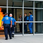 **

A group of diverse office workers participating in a fire drill, fully clothed in professional attire, exiting a modern office building under the supervision of a fire marshal. The scene depicts a calm and orderly evacuation. Focus on clear signage and well-lit emergency exits. Safe for work, appropriate content, fully clothed, professional, perfect anatomy, natural pose, high quality.

**