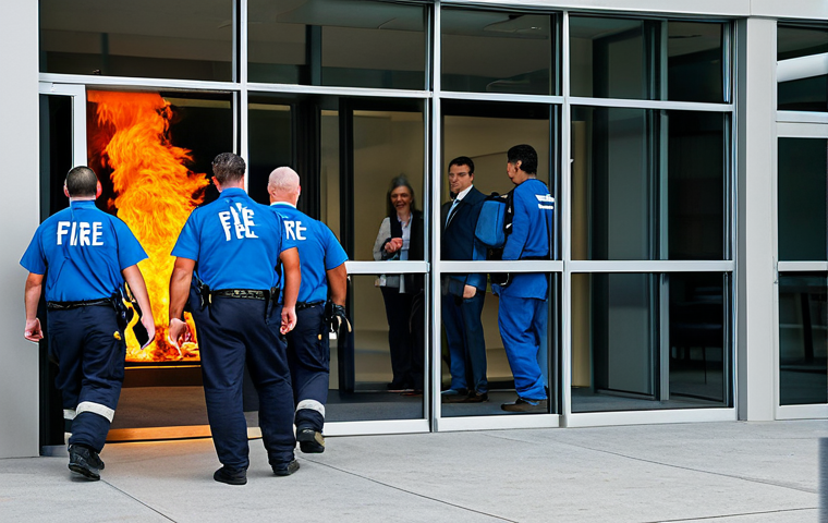 **

A group of diverse office workers participating in a fire drill, fully clothed in professional attire, exiting a modern office building under the supervision of a fire marshal. The scene depicts a calm and orderly evacuation. Focus on clear signage and well-lit emergency exits. Safe for work, appropriate content, fully clothed, professional, perfect anatomy, natural pose, high quality.

**