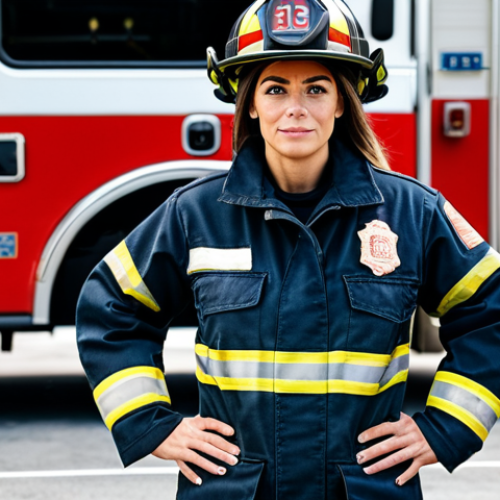 **

"A professional female firefighter in appropriate turnout gear, standing confidently in front of a fire engine, fully clothed, safe for work, appropriate content, perfect anatomy, natural proportions, action pose, daytime, urban fire station background, professional photography, high quality, family-friendly."

**