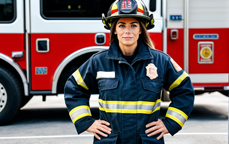 **

"A professional female firefighter in appropriate turnout gear, standing confidently in front of a fire engine, fully clothed, safe for work, appropriate content, perfect anatomy, natural proportions, action pose, daytime, urban fire station background, professional photography, high quality, family-friendly."

**