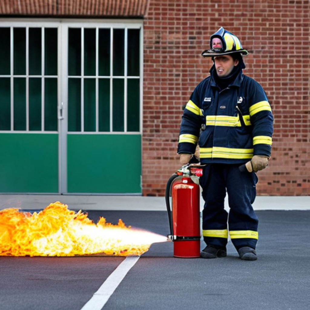 화재안전관리 기출문제 해설 및 풀이 - Fire Extinguisher Demonstration**
A professional firefighter in full gear demonstrating the proper ...