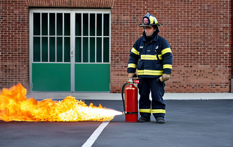 화재안전관리 기출문제 해설 및 풀이 - Fire Extinguisher Demonstration**
A professional firefighter in full gear demonstrating the proper ...