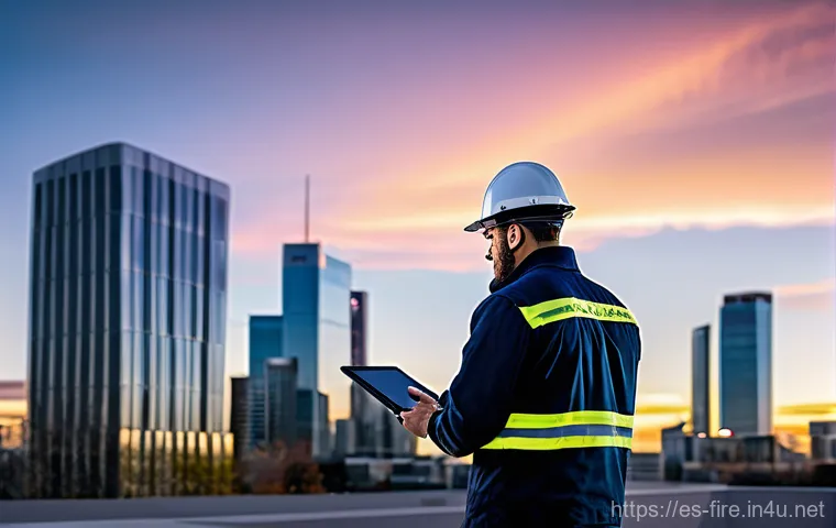 화재안전관리 기술자의 직무에서의 성과 분석 - **Prompt:** A highly skilled fire safety technician, in their early 30s, wearing a crisp, dark blue ...