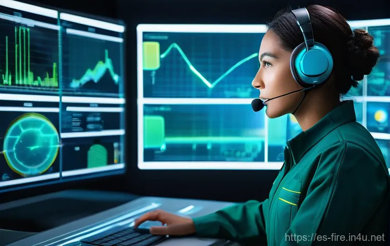 화재안전관리기술자 직무 면접 질문 모음 - **Futuristic Fire Safety Control Room:** A focused, professional female fire safety engineer in her ...