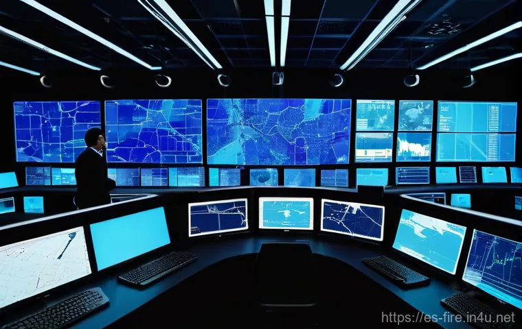 화재안전관리 분야에서 주목할 만한 최신 기술 - **Prompt:** A visually striking, futuristic control room overseeing a sprawling smart city or indust...