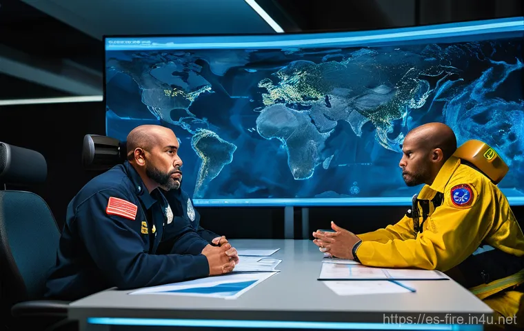 화재안전관리 직무에서의 갈등 해결 방법 - **Prompt:** A dynamic scene depicting a team of diverse emergency responders, including firefighters...