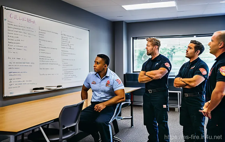 화재안전관리 직무에서의 갈등 해결 방법 - **Prompt:** A dynamic scene depicting a team of diverse emergency responders, including firefighters...