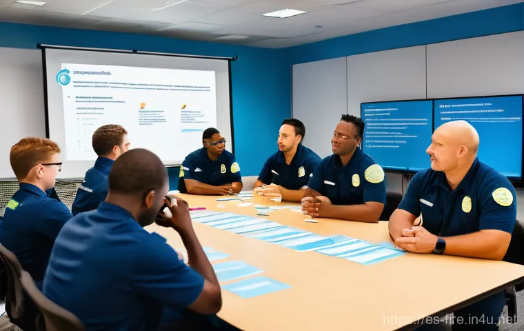 화재안전관리 직무에서의 갈등 해결 방법 - **Prompt:** A group of four to five firefighters, some in uniform shirts and others in casual traini...