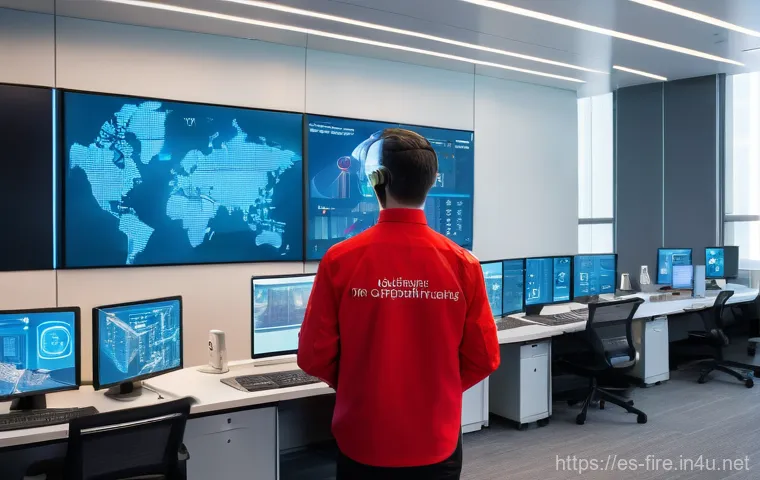화재안전관리 실무에서의 문제 해결 전략 - **"A high-tech fire safety control center within a sleek, modern commercial building. Large, futuris...