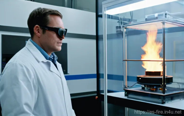 화재안전관리기술자 시험 준비를 위한 공부법 - Image Prompt 1: The Science of Fire in a Modern Lab**