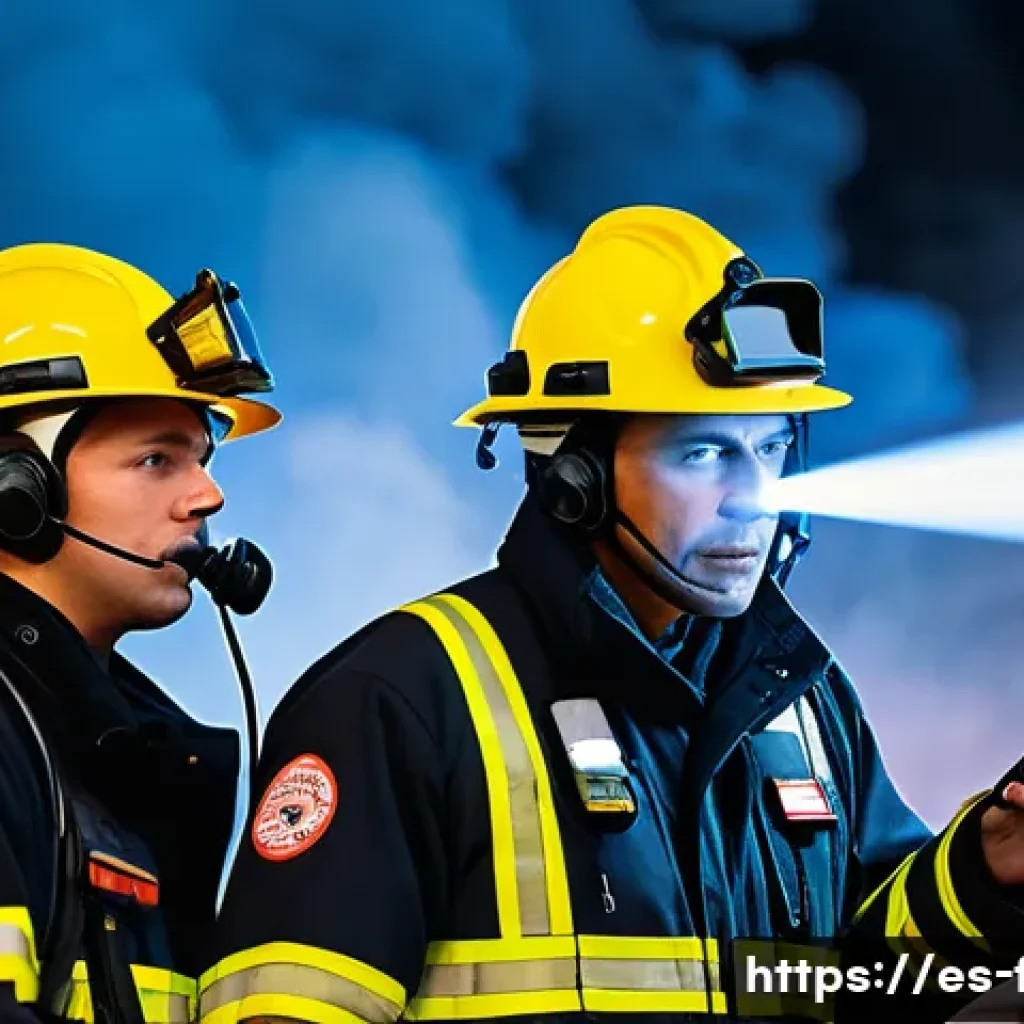 화재안전관리 실무에서의 팀워크 사례 - A modern firefighting team in action during an emergency, equipped with advanced technology such as ...