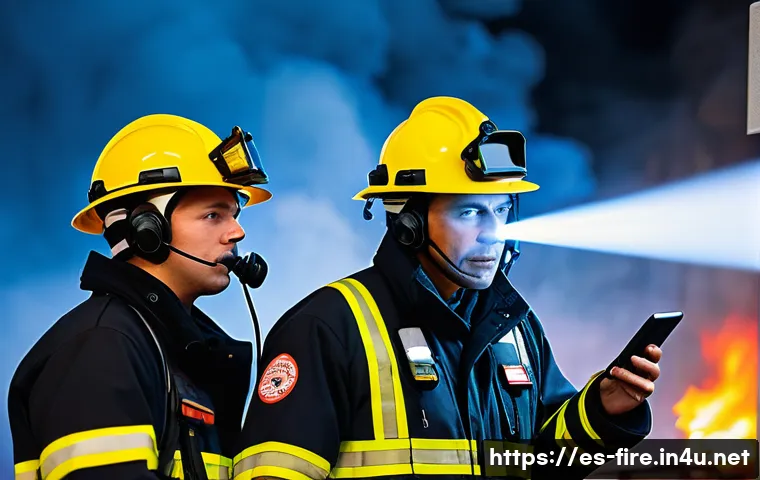 화재안전관리 실무에서의 팀워크 사례 - A modern firefighting team in action during an emergency, equipped with advanced technology such as ...