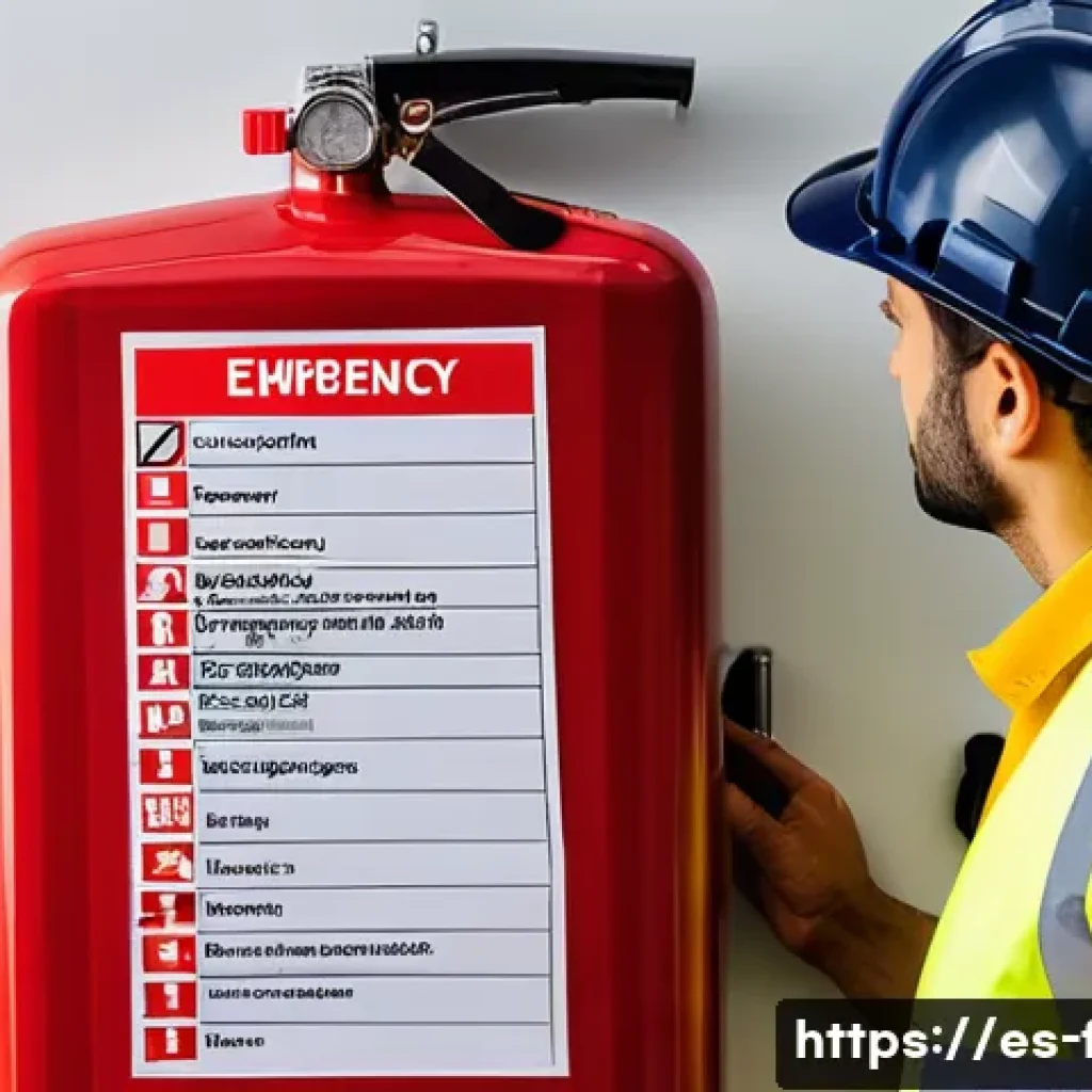 화재안전관리 업무 수행 시 유의사항 - A professional fire safety inspector in a modern Spanish office building, wearing a high-visibility ...