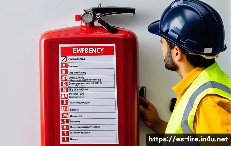 화재안전관리 업무 수행 시 유의사항 - A professional fire safety inspector in a modern Spanish office building, wearing a high-visibility ...