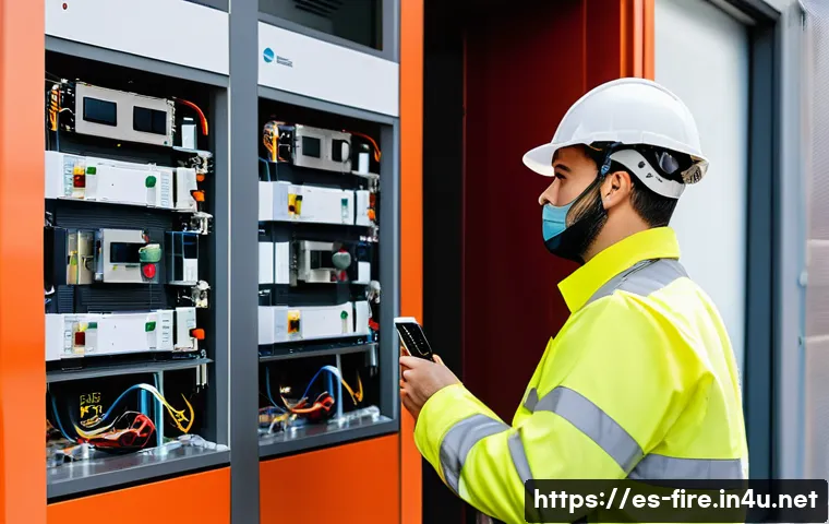 화재안전관리기술자 채용 시장 분석 - A professional fire safety technician in Spain inspecting a modern smart building&rsquo;s fire detection s...