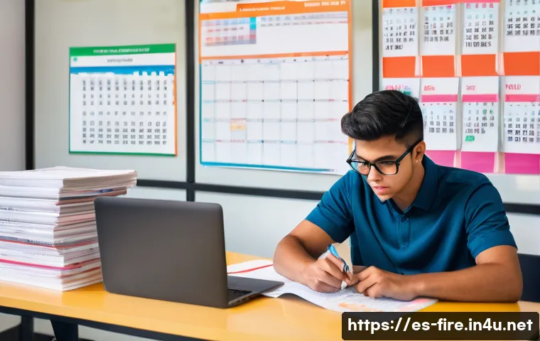 화재안전관리 기술자 시험 공부시간 분배법 - A modern, well-organized study room with a young adult Hispanic student studying fire safety regulat...