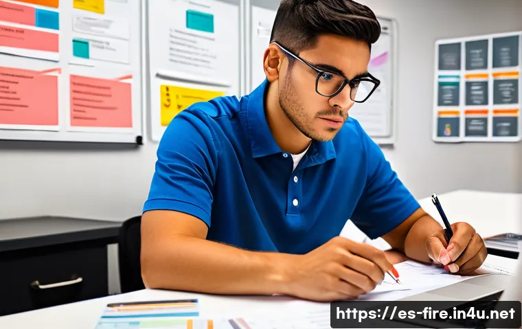 화재안전관리 자격증 관련 학습 동기 부여법 - A focused young Hispanic professional studying fire safety management at a modern desk, surrounded b...