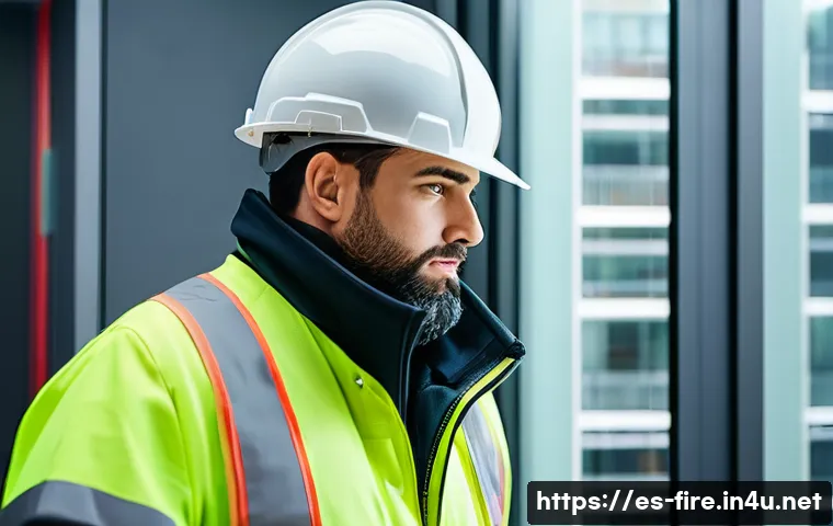 화재안전관리기술자의 연봉 성장 가능성 - A professional fire safety technician wearing certified protective gear and a company uniform, inspe...