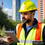 Home 22 화재안전관리 기술자의 현장 감찰 방법 - A professional field technician wearing a high-visibility safety vest and protective gear, using a r...