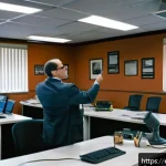 Home 21 화재안전관리 실무에서의 위험요소 평가 방법 - A detailed office interior scene showing a professional conducting a thorough fire safety inspection...
