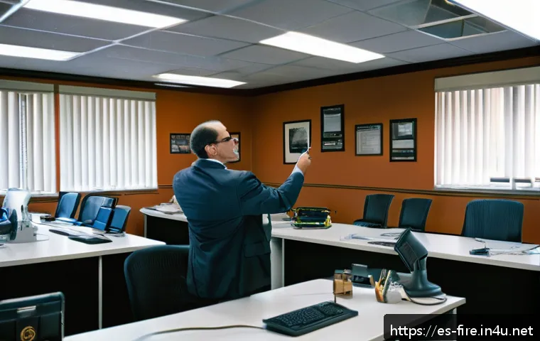 화재안전관리 실무에서의 위험요소 평가 방법 - A detailed office interior scene showing a professional conducting a thorough fire safety inspection...