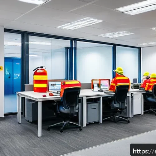 Home 31 화재안전관리 실무자와의 인터뷰 - A modern office building interior showcasing a comprehensive fire safety setup: visible smoke detect...