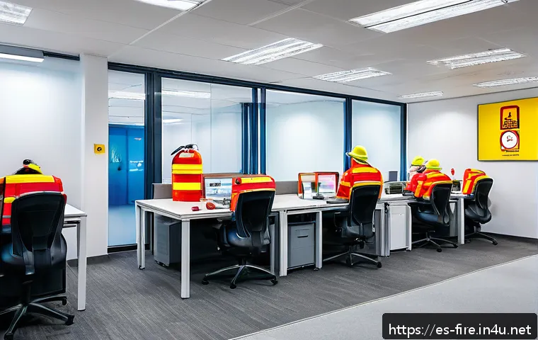 화재안전관리 실무자와의 인터뷰 - A modern office building interior showcasing a comprehensive fire safety setup: visible smoke detect...