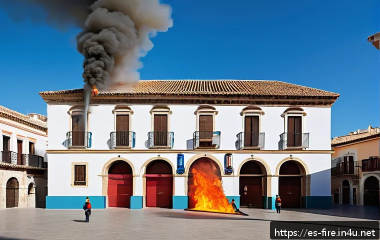 화재안전관리 직무에서의 목표 설정과 달성 - A detailed scene of a modern community fire safety training event in a sunny Spanish town square, fe...