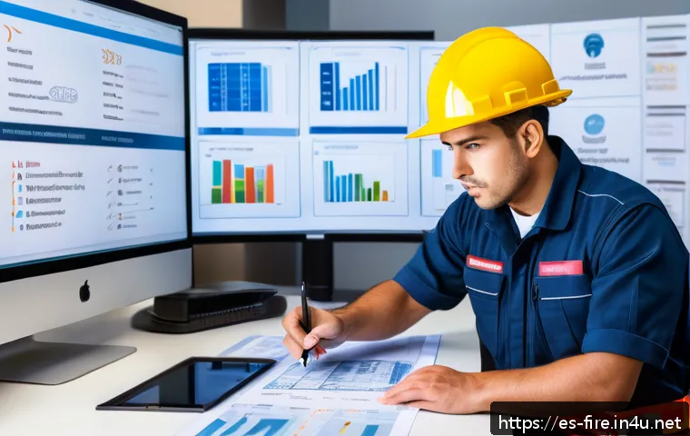 화재안전관리기술자의 경력 개발 로드맵 - A professional fire safety technician in a modern office environment, wearing branded safety uniform...