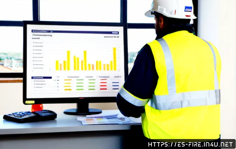 화재안전관리 실무자의 연봉 분석 - Photorealistic fire safety manager in a modern Spanish office, wearing a navy work jacket and high-v...