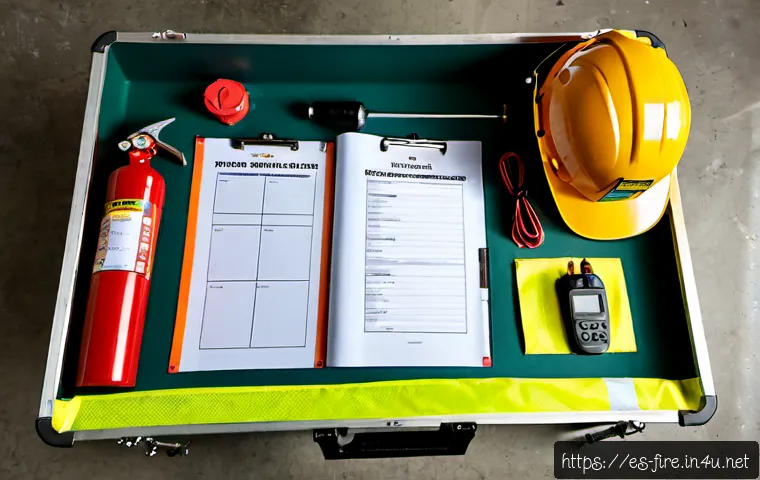 Home 17 화재안전관리기술자의 필수 장비 목록 - Photorealistic overhead flat lay of essential fire safety technician equipment arranged neatly on a ...