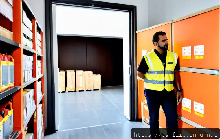 화재안전관리 직무에서 자주 발생하는 실수 - Photorealistic fire safety inspection in a modern Spanish office building, a concerned safety manage...