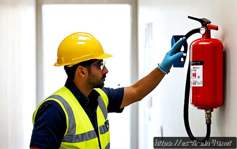 화재안전관리 기술자의 현장 안전 점검 절차 - Photorealistic fire safety technician wearing a hard hat, high-visibility vest, safety glasses, and ...