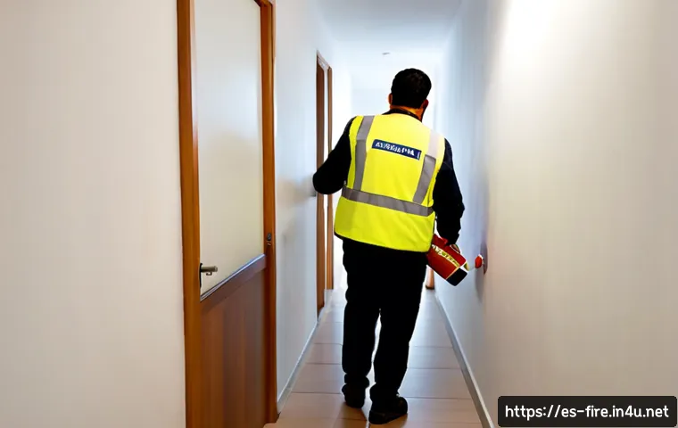 Home 17 화재안전관리 실무에서의 사고 방지 사례 - Photorealistic fire safety inspection in a modern Spanish apartment building corridor, a middle-aged...